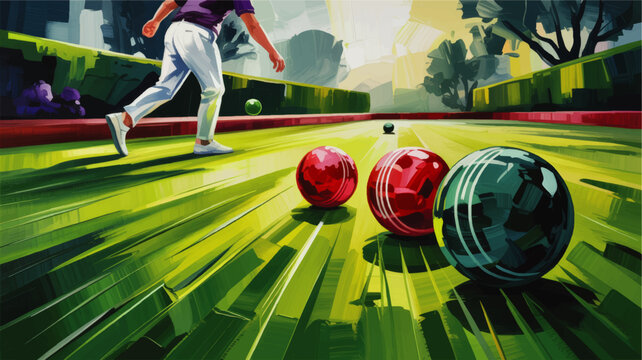 Colorful lawn bowls game illustration on sunny green field, dynamic sports background with player and vibrant bocce balls