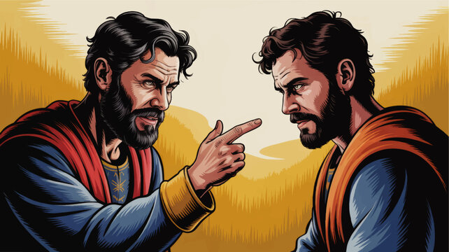Biblical argument illustration of two men in robes facing each other, accusing finger gesture, dramatic conflict, vintage comic style