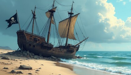 Obraz premium Old wooden pirate ship wrecked on sandy beach ocean shore. Black Jolly Roger flag with skull and crossbones flies from mast. Broken vessel sits partially submerged near rocky coast with waves.