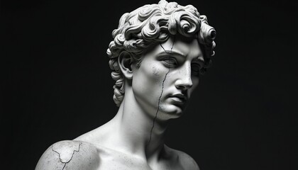 Naklejka premium Ancient Greek marble statue head bust with visible cracks. Classical sculpture, male figure, dark background, historical art piece, symbol of impermanence, fragility, and past glory.