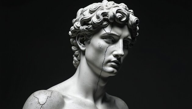 Ancient Greek marble statue head bust with visible cracks. Classical sculpture, male figure, dark background, historical art piece, symbol of impermanence, fragility, and past glory.