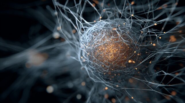 Neural Network Core: Glowing Sphere Entangled in a Web of Synapses &mdash; Futuristic Visualization for AI and Neuroscience Themes