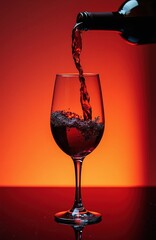 Naklejka premium Red wine streams into glass from bottle with aeration creating bubbles. Liquid splash and swirl. Alcohol beverage prepared for tasting, serving at party or restaurant.