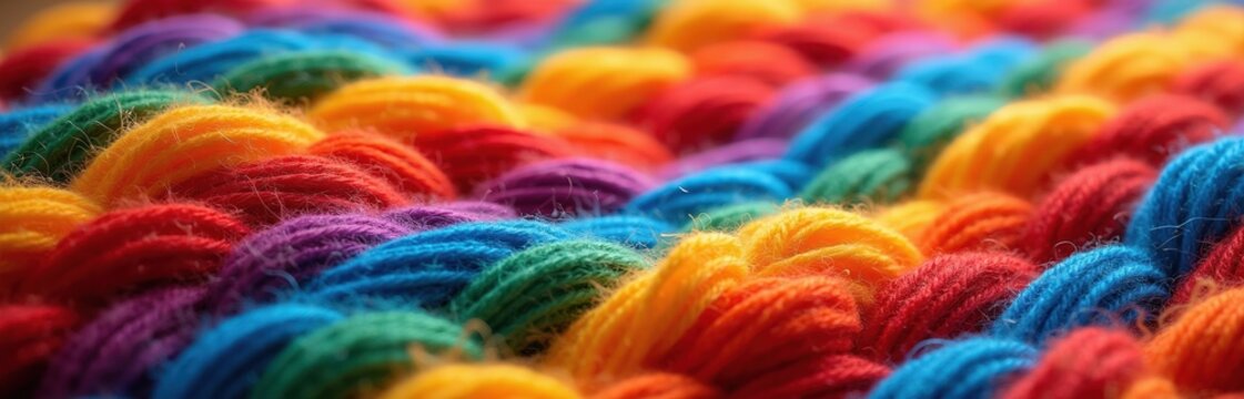 Colorful yarn balls create a vibrant rainbow pattern. Soft wool threads in red blue green yellow orange purple arranged closely. Crafting hobby material background texture.