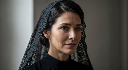 Obraz premium Mourning widow with solemn expression, wearing black lace veil and dark attire. Woman shows deep emotion, mourning widow reflecting on loss and grief. Concept remembrance, resilience.