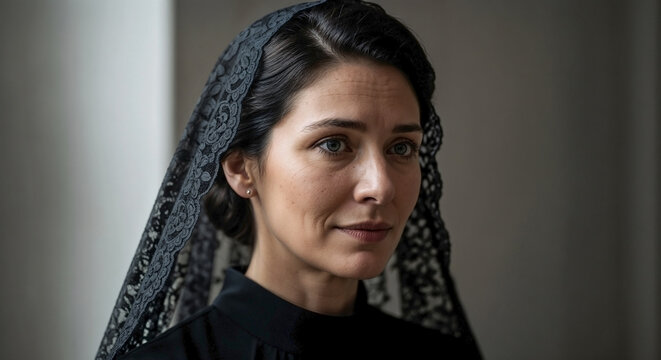 Mourning widow with solemn expression, wearing black lace veil and dark attire. Woman shows deep emotion, mourning widow reflecting on loss and grief. Concept remembrance, resilience.