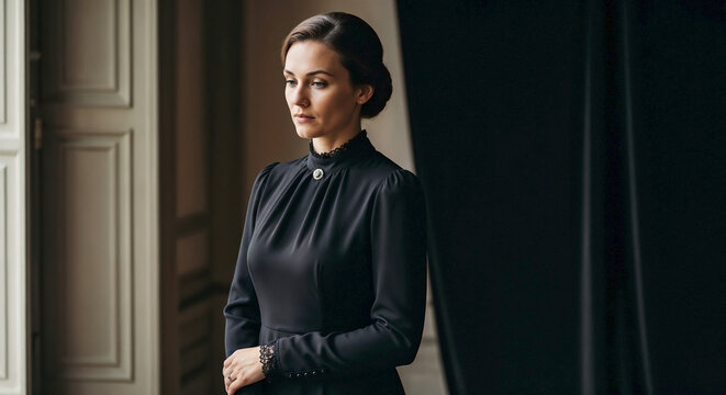 Thoughtful woman in black mourning dress by window. Elegant black mourning dress features high collar, long sleeves, conveying somber respect. Classic black mourning dress for funeral, memorial.