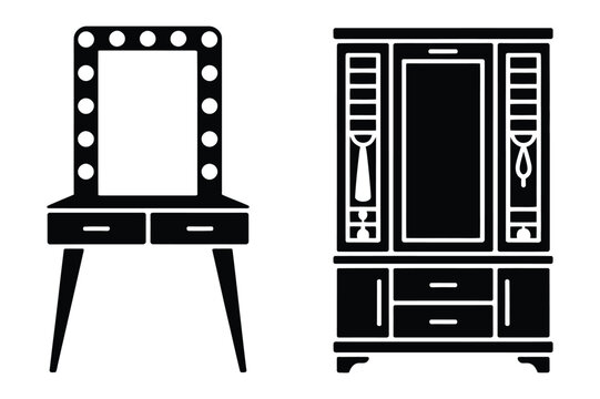 Vanity table with mirror and wardrobe closet for bedroom furniture icons