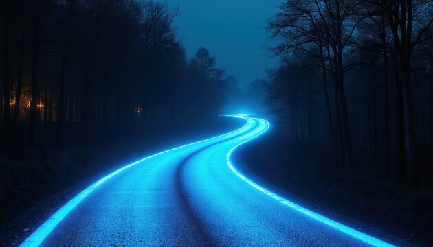 Winding road glows with neon blue light through dark forest. Abstract path signifies tech advancement, future journey. Concept represents innovation, progress, and the unknown way forward.