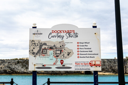 Kings Wharf, Bermuda - April 18, 2026: Map and info for the Dockyard's Courtesy Shuttle that loops every 15 minutes from 9am to 6pm every day that a ship is in port.
