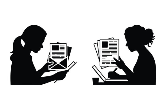 Silhouettes of women managing documents and working on laptops, depicting