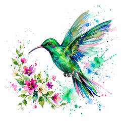 Fototapeta premium Emerald-green hummingbird in graceful flight Watercolor Animal Illustration Hand Painted