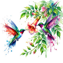 Obraz premium Two hummingbirds darting near a single trumpet flower Watercolor Animal Illustration Hand Painted