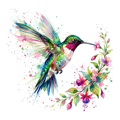 Obraz premium Hummingbird in flight with wings blurred mid-air Watercolor Animal Illustration Hand Painted