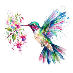 Fototapeta premium Hummingbird in profile with tail fanned and wings spread Watercolor Animal Illustration Hand Painted
