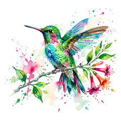 Obraz premium Single hummingbird perched in profile on a slim twig Watercolor Animal Illustration Hand Painted