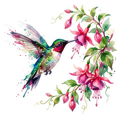 Fototapeta premium Ruby-throated hummingbird hovering to drink from a pink flower Watercolor Animal Illustration Hand Painted