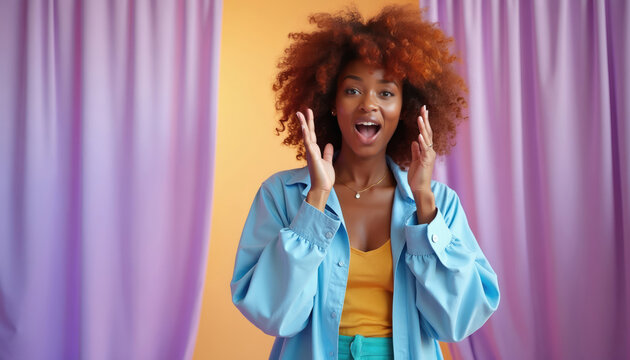 Young woman with curly hair shows surprise with hands near face. Excited lady reacts to good news or unexpected event. She has an open mouth and wide eyes.