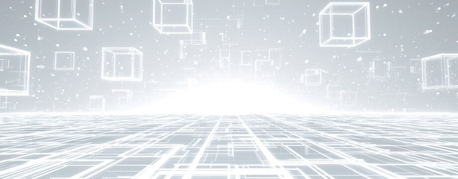 a bright, abstract digital scene with a dominant white and light gray color scheme a tiled ground with luminous grid lines, leading to an intense white glow in the distance Generative AI
