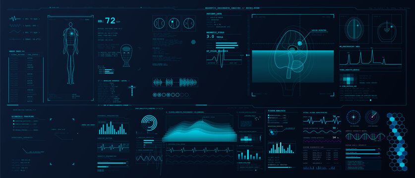 Futuristic medical HUD dashboard interface with brain scan, human body hologram, DNA, and vital signs telemetry data.