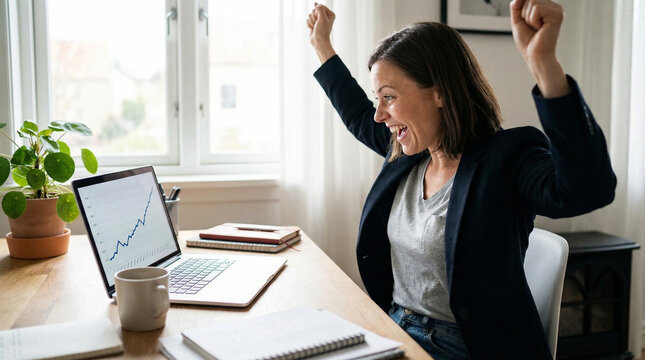 Joyful business woman freelancer entrepreneur smiling and rejoices in victory while sitting at desk and working at laptop