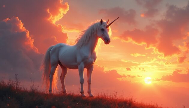 Majestic white unicorn stands on grassy hill against vibrant sunset sky with fluffy clouds. Mythical creature with glowing horn gazes forward. Fantasy animal art illustration for children stories,