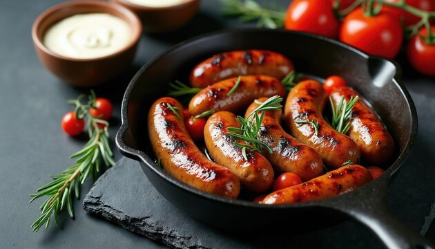 Grilled sausages with rosemary and tomatoes in pan. Served with dips and sauces on dark background. Delicious meal, perfect for picnic or bbq.