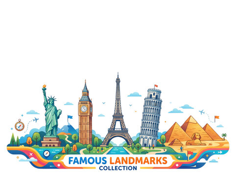 Famous World Landmarks Travel Collection Banner Illustration