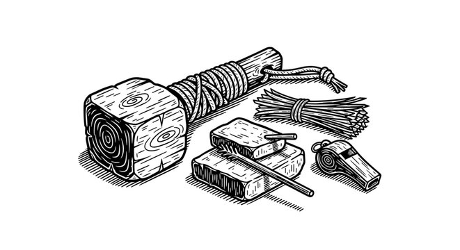 Vector Pinocut Survival tools and equipment prepared for outdoor adventures. 