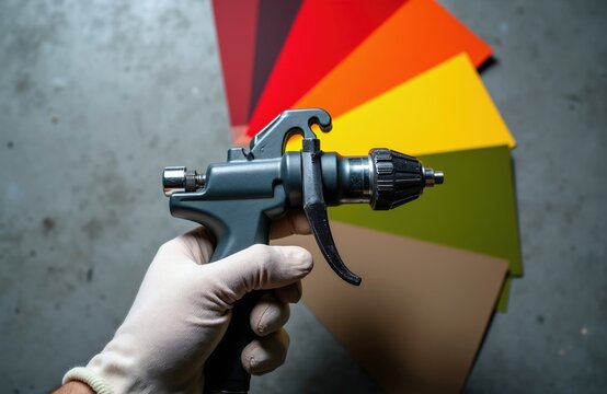 Gloved hand holds spray gun near color swatches. Professional painter prepares for auto body refinishing or furniture coating. Choose custom color.