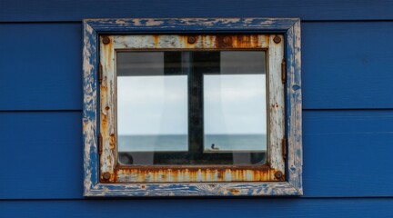 Fototapeta premium Old porthole window on blue wood siding. Weathered wood frame has rust details. Reflects sky and sea. Evokes coastal and maritime themes. Great for travel or nautical decor.