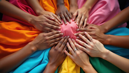 Fototapeta premium Many hands different skin tones touch gently in center. People unite, join together for common goal, express unity and support. Diverse group forms circle around bright fabric.