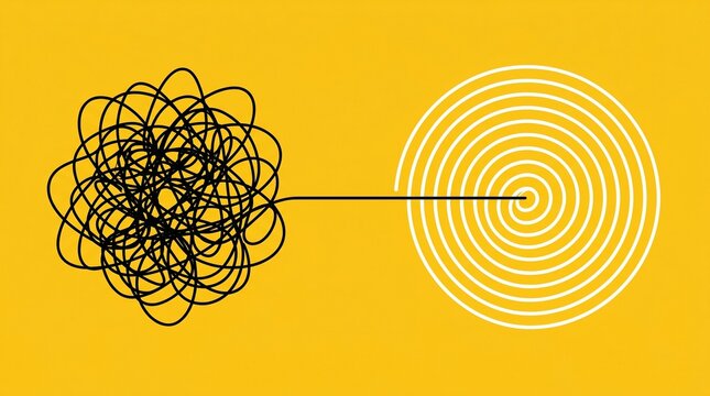 Tangle and untangle, psychotherapy and psychology concept. Tangled vector line illustration. Doodle. Abstract change graphic. Problems solution creative design