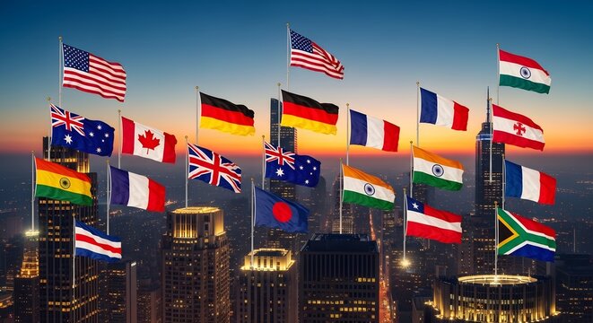 A stunning cityscape featuring a diverse collection of flags from different countries, fluttering proudly against a beautiful sunset sky. Representing unity, diversity, and global interconnectedness.