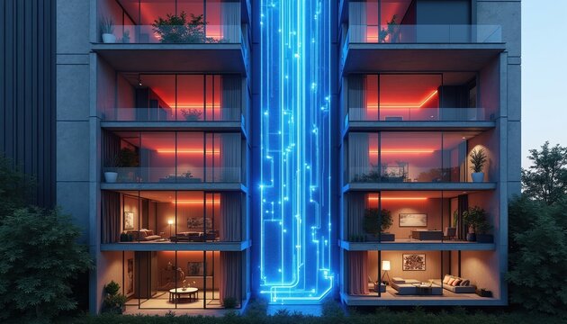 Modern apartment building facade section with glowing blue digital data streams flowing vertically. Inside, warm interior lights illuminate living spaces with furniture and decor.