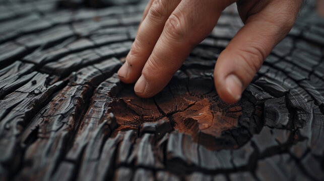 sensory experience. Close-up of a human hand gently touching the textured surface of a weathered wooden log with visible growth rings and cracks in natural light