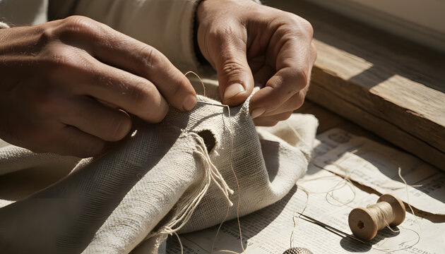 Hands Mending Fabric with Needle and Thread