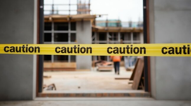 Yellow caution tape blocks entry to unfinished building site. Worker in orange vest walks near construction materials. Safety barrier restricts access to development zone, warns of danger.
