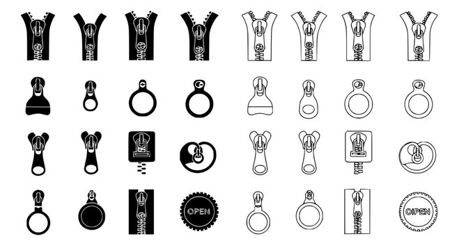 Various zipper pull and closure icons in outline and solid black vector style for fashion and apparel manufacturing design assets and textile industry branding projects