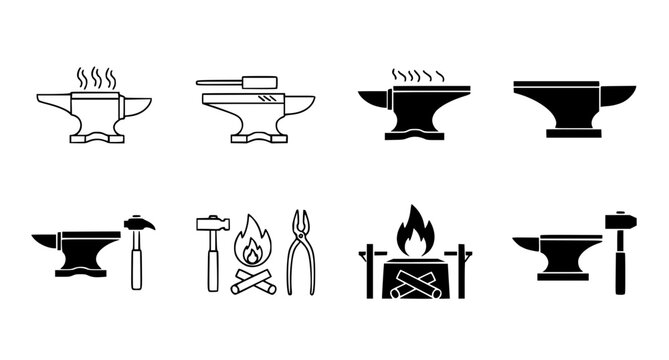 Blacksmith tools and equipment icons featuring anvils hammers and fire in line art and solid vector style for metalworking and industrial design project assets