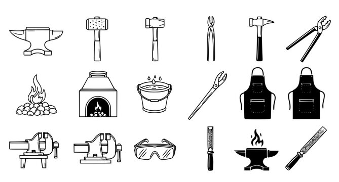 Black and white blacksmith tools icon set featuring anvil hammer furnace tongs apron and safety goggles in a minimalist linear vector graphic style for metalworking design