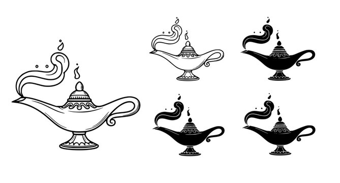 Set of classic genie lamps with magical smoke trails in black and white vector style for fantasy storytelling and creative design projects involving middle eastern myths