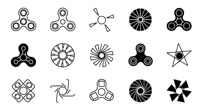 Diverse set of fidget spinner icons and abstract geometric spinning shapes in black and white vector graphic style for toy design and stress relief concept illustrations