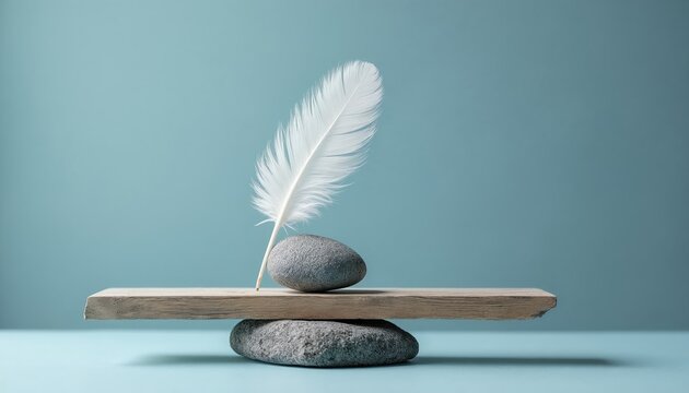 White feather rests on gray stone atop wooden plank, symbolising nature, balance, and simplicity. Objects create delicate, tranquil composition. Soft blue background, neutral tones.