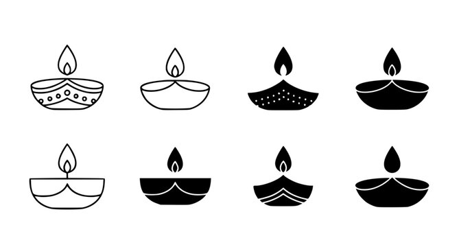 Set of eight traditional diya oil lamp icons with varying decorative patterns and flame styles for Diwali festival celebration vector graphic design elements on white background