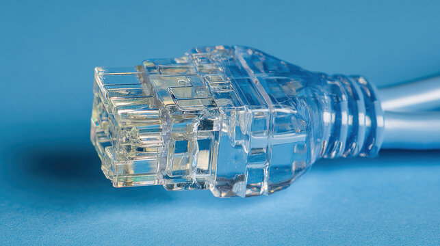 Transparent Blue RJ45 Ethernet Network Cable Connector Close-Up Isolated on Dark Background