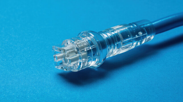 Transparent Blue RJ45 Ethernet Network Cable Connector Close-Up Isolated on Dark Background