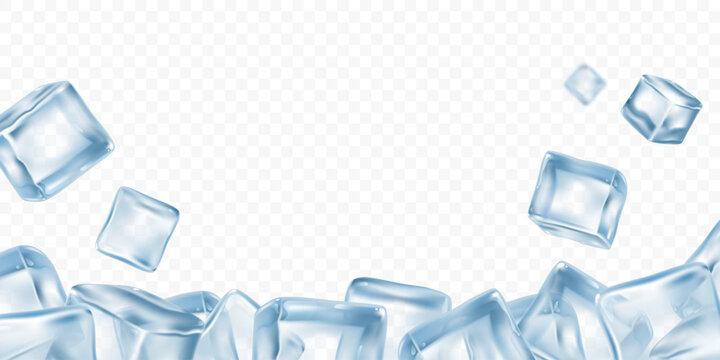Abstract vector background with realistic translucent ice cubes scattered and forming a bottom border. Falling ice cubes. Ideal for advertising, packaging, cold drinks, seasonal design