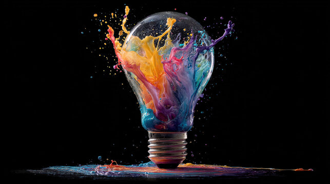 Creative Light Bulb Exploding with Colorful Dry Paint Sparks Concept of Innovation and Ideas