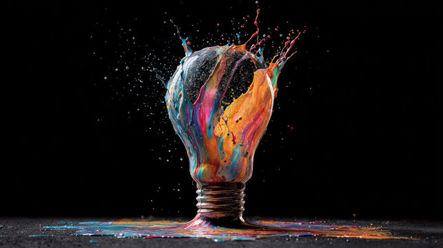 Creative Light Bulb Exploding with Colorful Dry Paint Sparks Concept of Innovation and Ideas
